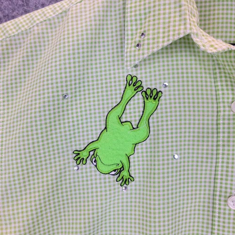 Las Olas Shirt Womens M Green Gingham Embroidered Frog Button Up Short Sleeve - Picture 4 of 12